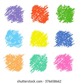 Set of colored wax crayon square design elements isolated on white. Pastel chalks hand drawing vector background. Kids hand painting pencil texture.