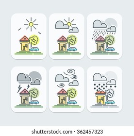 Set of Colored Weather Forecast icons with house, car and tree outdoors in thin flat style.  Elements for UI design on white background.