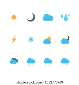 Set of colored weather icons. The sun, moon and stars, clouds, rain, thunderstorm, snowfall. Isolated on a white background. Flat style. Vector.