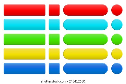 Set of colored web buttons. Rectangle, rounded, square, circle.