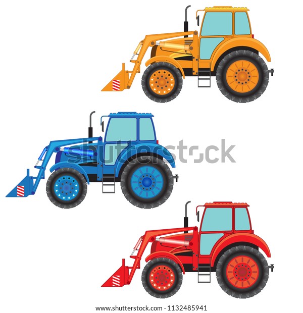 A set of colored wheeled agricultural\
tractors-loaders. For print on a T-shirt\
