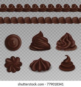 Set of colored whipped cream realistiic transparent composition with chocolate for baking vector illustration