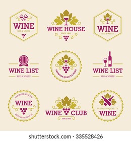 Set of colored wine labels and badges with grapes, bottles, wineglasses and barrel isolated on light background