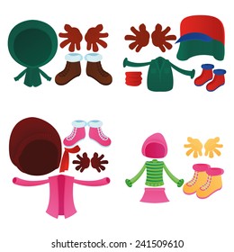 a set of colored winter clothes on a white background