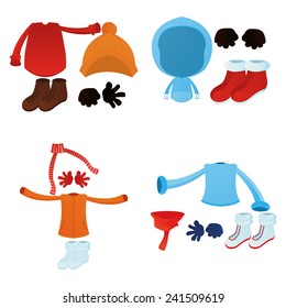 a set of colored winter clothes on a white background