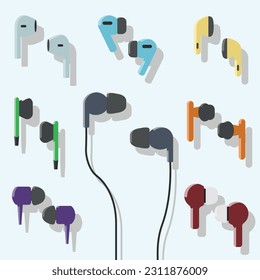 Conjunto de auriculares de vacío con cable de color. Ilustración vectorial.