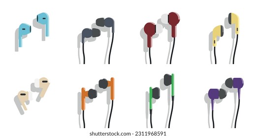 Set of colored wired vacuum headphones. Vector illustration.