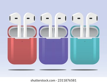 Set of colored wireless headphones airpods 3. Vector illustration.