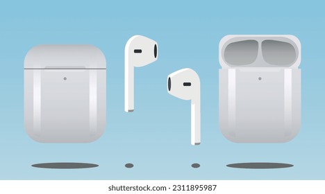 Set of colored wireless headphones airpods. Vector illustration.