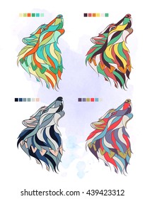 Set of colored wolfs on the grunge background. Different palette. It may be used for design of a t-shirt, bag, postcard, a poster and so on.  