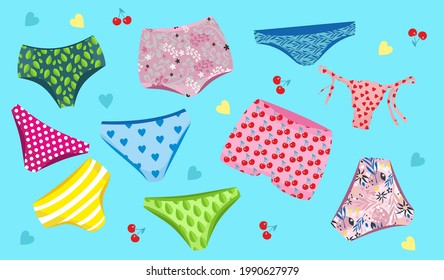 Eine Reihe von farbigen Frauenpanties, verschiedene Stile. Flaches Design. Modische Modegrafik. Alle Elemente sind isoliert. Vektorgrafik.
