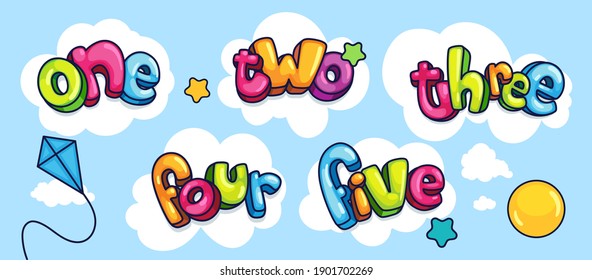 Set of colored words of numbers from one to five. Vector cartoon illustration for kids design
