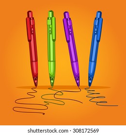 Set colored writing pens for school, business and study. Handles for learning, letter, line, stroke. Vector illustration.