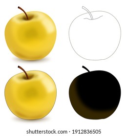 Conjunto de manzanas amarillas de colores con un trazo y una silueta