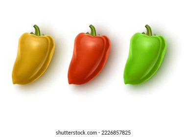 Set von farbigen, gelben, grauen und roten, bulgarischen Glockenpfeffern, Paprika einzeln auf weißem Hintergrund. Vektorformat