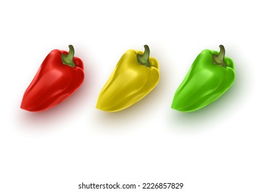 Set of Colored Yellow Green and Red Sweet Bulgarian Bell Peppers, Paprika Isolated on White Background. Vector format