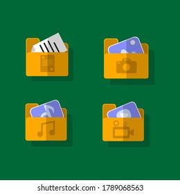 Set of colored yellow multimedia folders with shadow on green background. Vector EPS10