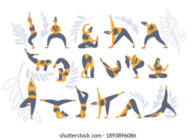 Set of colored yoga silhouettes isolated on white background. set of yoga exercise.   workout fitness, 
Silhouettes of woman in costume doing yoga exercises.