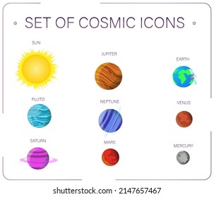 Set of coloref space icons with planets. Beautiful set of vector astronomy illustrations isolated on background.
