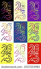 Set of colorful 2025 new year text effect. Best for 2025 new year holiday design, flyers, calendar, poster, cover, greeting cards, invitation, calendars, banner. Vector Illustration
