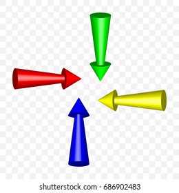 Set of colorful 3d arrows pointing at the center. Three dimensional rendering arrow icons. EPS10 vector illustration isolated on transparent background. Perfect design for infographic element, banner.