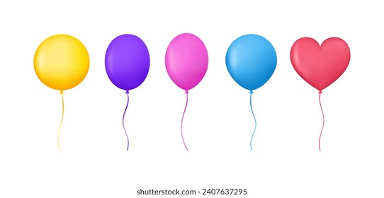 Set of colorful 3d balloon isolated on white background. Realistic helium balloons template for birthday party, anniversary, celebration. Vector illustration.