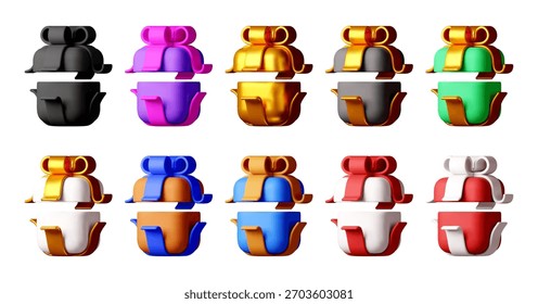 Conjunto de coloridas cajas 3d con arcos de regalo. Diseño de renderizado para vacaciones, celebración y concepto de sorpresa. Ilustración vectorial