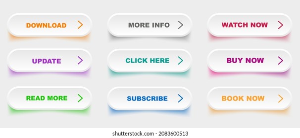 Set of colorful 3d buttons on white background. Flat line button collection. Vector web element