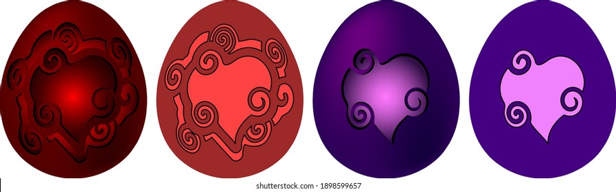 set of colorful 3D egg with a heart pattern for Easter on a white background  