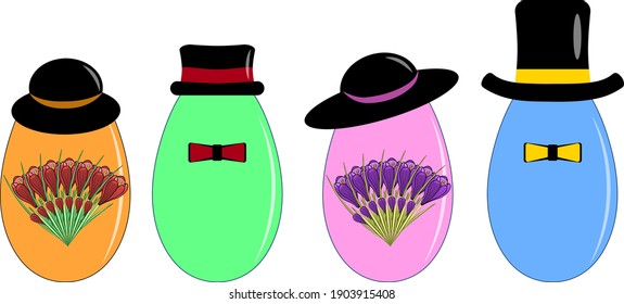 set of colorful 3d eggs in a men's hat with a butterfly and a women's hat with flowers, egg decorated for the Easter holiday 