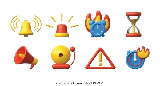 Set of colorful 3D emergency and notification icons with bell, siren, alarm clock, hourglass, megaphone and warning sign. Alert, danger, timer and reminder concept. 3D illustration.