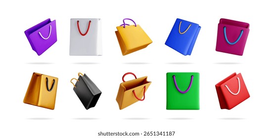 Set of colorful 3d flying shopping bags. Floating empty paper packages for market, promotion, sale, purchase, retail, shop.