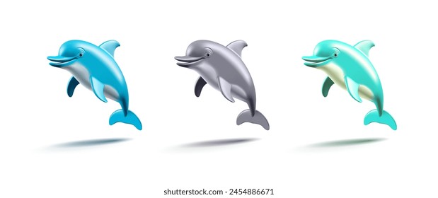 Set of colorful 3D funny dolphins. Friendly, smart dolphins on a white background for design concepts. Realistic image. Vector