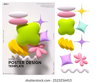 Set of colorful 3d geometric shapes, including spheres, stars, other forms, minimal modern poster design template with geometric soft blown objects of different shapes. Vector illustration