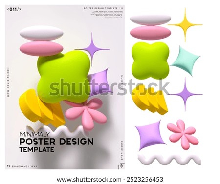 Set of colorful 3d geometric shapes, including spheres, stars, other forms, minimal modern poster design template with geometric soft blown objects of different shapes. Vector illustration