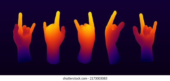 Set of Colorful 3D Hands. Rock Hand Sign Gesture. Gradient Vector Illustration.