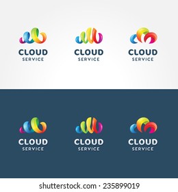 Set of colorful 3d iconic logo templates for cloud service | Collection of vector cloud icons isolated on both white and blue background