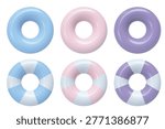 Set of colorful 3D inflatable swim rings in glossy pastel blue, pink and purple. Includes solid colors and striped patterns. Pool floats isolated vector icons, clean front view for summer designs.