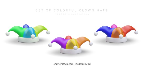 Juego de colorido sombrero de bufón 3d. Afiche publicitario para la campaña de la tienda de juguetes o de souvenirs. Sombreros de payaso de colores verdes, rojos y azules. La ropa vectorial se burla del estilo de las caricaturas