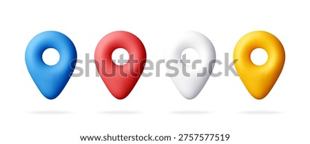 Set of colorful 3d map pointer icons. Location pin symbols for navigation and web interface design. Digital marketing and geographic positioning. Realistic glossy render elements. Vector illustration