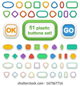 Set of colorful 3d plastic buttons and infographic elements. 17 geometric buttons made in 3 different styles, 51 totally. One button from each style is demonstrated close-up. Vector EPS8.