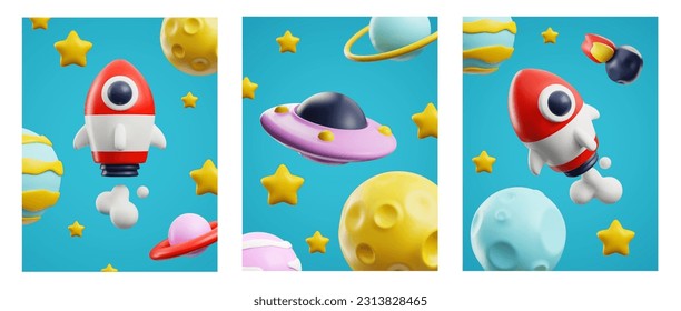 Conjunto de coloridos afiches 3d con cohetes espaciales, estrellas y planetas - ilustración vectorial. La nave espacial explorando galaxia o universo. Cuidada colección de carteles infantiles.