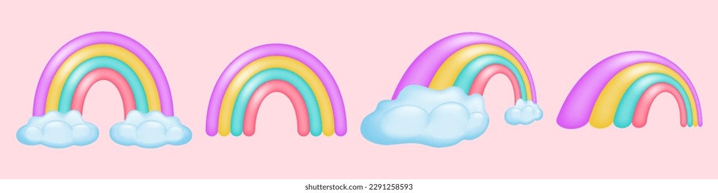 Set of colorful 3D rainbows in different positions. Cute bright rainbow and fluffy clouds. Perfect for kids designs, social media graphics and more. Vector illustration.