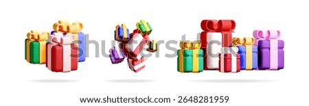 Set of colorful 3d rendered presents and gift box heap illustration for celebration and holiday special occasion design