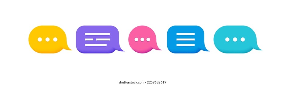 Stellen Sie ein bunter 3D-Sprechblase-Meldungsfeld ein. Sozialer Mediendialog und Chatting-Konzept. Vektorgrafik.