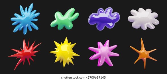 Eine Reihe von farbenfrohen abstrakten 3D-Hochglanzformen, die einer Wolke, Explosion, einem abstrakten Stern, Blot und einem spitzen Ball ähneln.