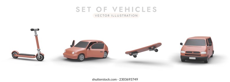 Set of colorful 3D vehicles with shadows. Scooter, car, skate, mini van, made in same style. Most popular types of modern transport. Vector images of personal vehicles of various types and power