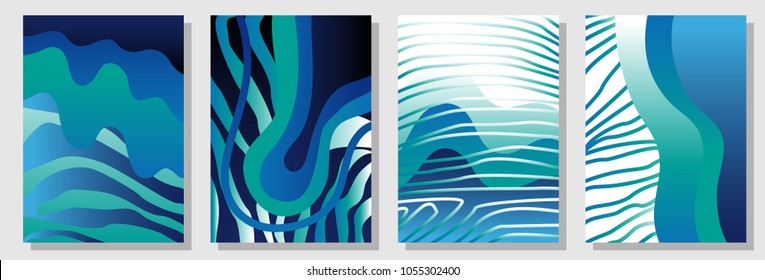 Set of colorful A4 covers with fluid shapes and zebra stripes. Template for books, cards, banners, posters. Minimalistic design with color gradients. Blue shades palette on white background.