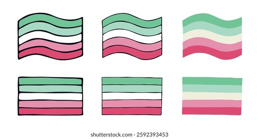 Set of colorful Abrosexual pride flag Happy pride day LGBTQIA community Pride Month Vector hand drawn doodle for posters, stickers, logo, cards