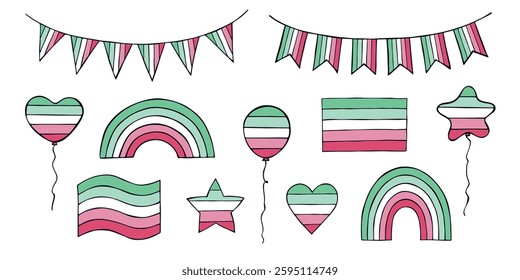 Set of colorful Abrosexual pride flag Happy pride day LGBTQIA community Pride Month Vector hand drawn doodle for posters, stickers, logo, cards